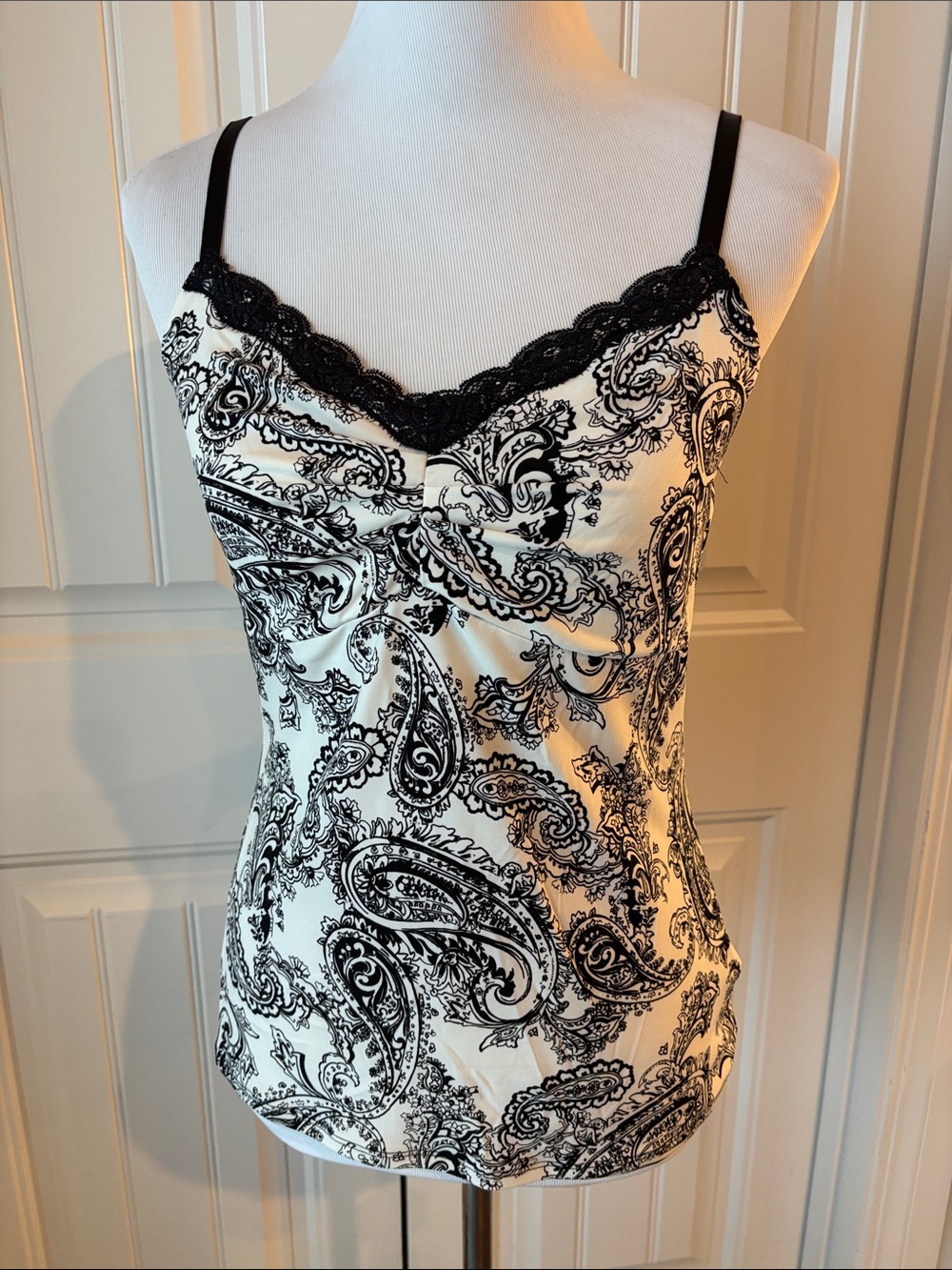 WHBM Black & White Paisley Lace Trim Cami